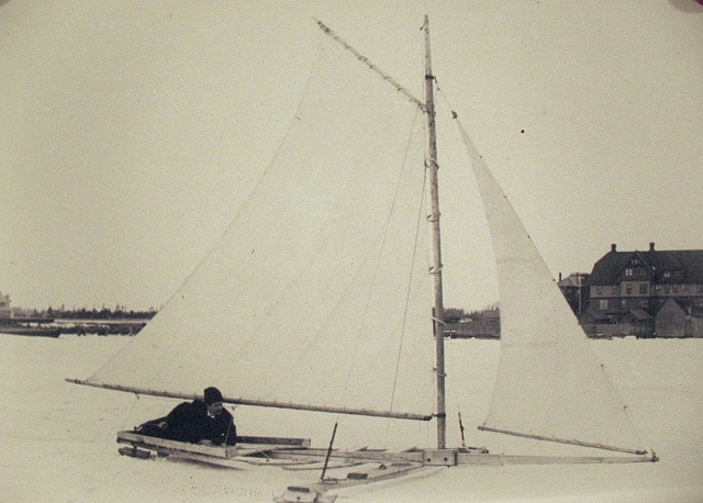 Ice Boat ca. 1890. Note Dundas Terrace in rear of photo 