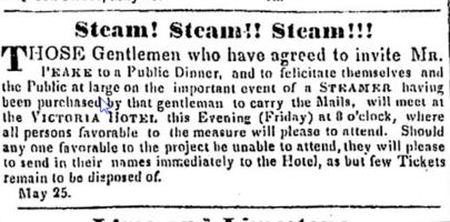 Announcement of Dinner for James Peake - Islander 25 May 1849